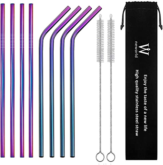 Reusable Drinking Straws,Neworld Senior Stainless Steel Drinking Food Grade Straws(4Straight 4Bent) with 2 Cleaning Brush(Rainbow)