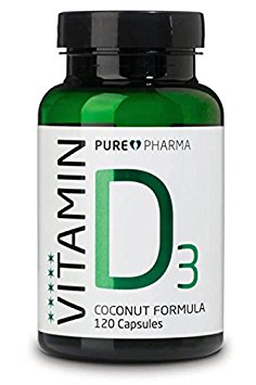 PurePharma D3 Vitamin D Supplement, 2500 IU, with Organic Virgin Coconut Oil, 120 Capsules Per Bottle