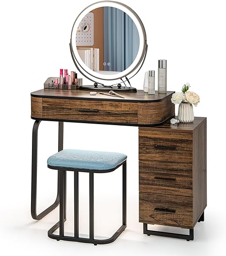 COSTWAY Dressing Table and Stool Set with 3-Color LED Lights Swivel Mirror, Charging Station, Drawers Cabinet and Human Body Induction, Bedroom Dresser Cosmetics Makeup Vanity Table Set (Brown)