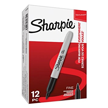 Sharpie Permanent Markers, Fine Tip, Black, Box of 12