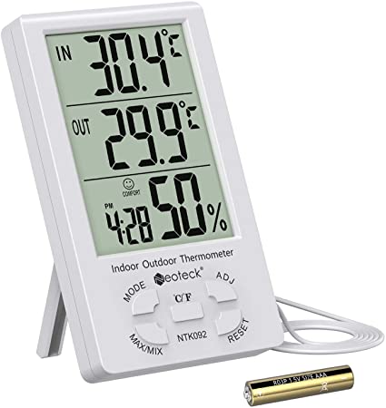 Neoteck Digital Indoor Thermometer Hygrometer with Clock Large LCD Display, Humidity Temperature Monitor with 9.8ft/3m Sensor Wire