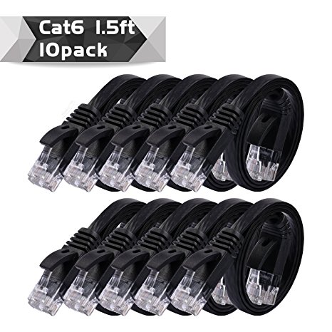 Cat 6 Ethernet Cable 1.5ft ( 10 PACK ) (At a Cat5e Price but Higher Bandwidth) Flat Internet Network Cable - Cat6 Ethernet Patch Cable Short - Black Computer Cable With Snagless RJ45 Connectors