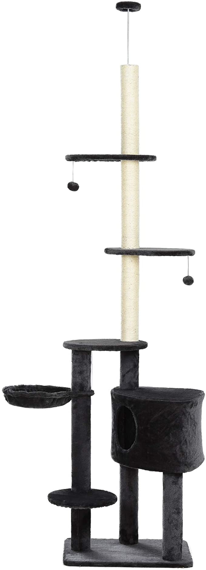 PawHut Adjustable Height Floor-to-Ceiling Vertical Cat Tree with Carpet Platforms, Condo & Rope Scratching Areas, Dark Grey