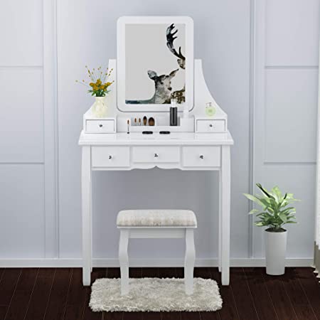 Allewie White Vanity Desk with Cushioned Stool Dressing Table Vanity Makeup Table with Mirror, 5 Sliding Drawers, Removable Makeup Organizer