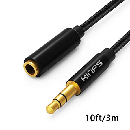 KINPS Audio Auxiliary Stereo Extension Audio Cable 3.5mm Stereo Jack Male to Female, Stereo Jack Cord for Phones, Headphones, Speakers, Tablets and More (10FT/ 3M, Nylon-Black)