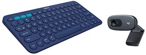 Logitech K380 Wireless Multi-Device Keyboard, (Blue)&C270 Digital HD Webcam with Widescreen HD Video Calling, Noise-Reducing Mic, for Skype, FaceTime, Hangouts, Tablet -(Black, HD720p/30fps)