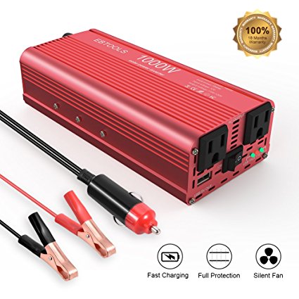 EBTOOLS Car Power Inverter, 1000W/2000W Inverter 12V DC to 110V AC Car Converter with 2 AC Outlets and 2.1A USB ports for Laptop,Smartphone,Household Appliances in case Emergency, Storm and Outage