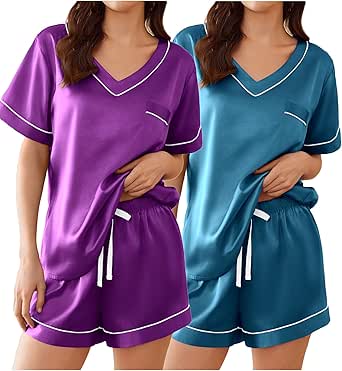 Ekouaer 2 Pack Silk Pajamas for Women Short Sleeve Satin Pj Set Soft V neck Sleepwear Loungewear, S-XXL