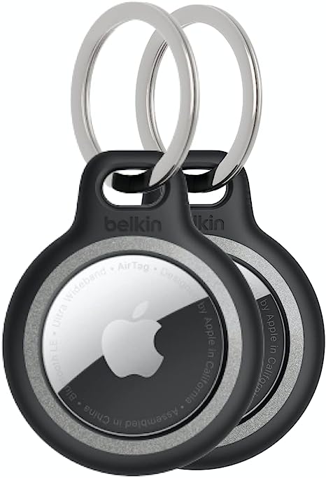 Belkin Apple AirTag Reflective Secure Holder w/Key Ring - AirTag Keychain - AirTag Holder - AirTag Keychain Accessories - Reflective & Scratch Resistant AirTag Case w/Raised Edges - 2-Pack Black