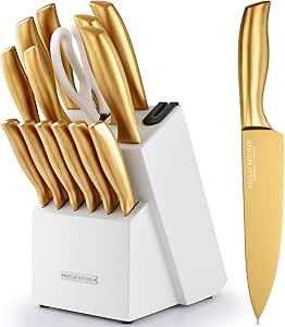 Zulay 15 Piece Stainless Steel Knife Set with Block and Sharpener - Sharp Knife Block Set with Built In Sharpener - Kitchen Knife Set With Block - Rust Proof Knife Set Stainless Steel