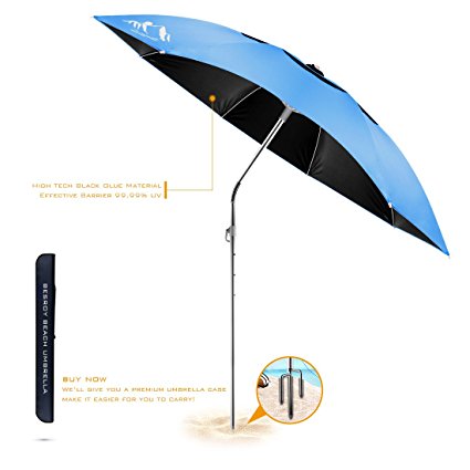 Portable Sun Beach Umbrella,Carbon fiber umbrella rod,new black glue,anti ultraviolet,Double-layer windproof design,360° arbitrary rotating,used in beaches, pools, terraces, parks, tours，Sky Blue