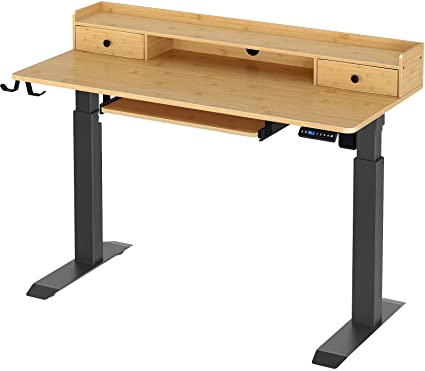 Rolanstar Height Adjustable Desk 55", Standing Desk with Keyboard Tray and Monitor Shelf, Electric Standing Table with Double Headphone Hooks, Bamboo Color