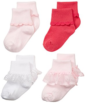 Nuby Baby Girl 4-Pack Ruffle Turn Cuff Socks, 12-24 Months, Pink