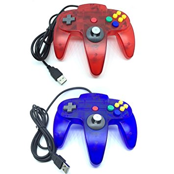 Bowink 2 pack Classic Retro N64 Bit USB Wired Controller for PC - Clear Blue Clear Red