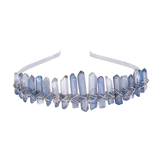 AWAYTR Raw Crystal Quartz Crown – Rhinestone Tiara Mermaid Headband for Woman Weeding and Parties (light blue)