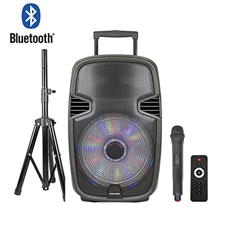 STARQUEEN 15" Portable Outdoor Bluetooth PA Speaker System, with Wireless Microphone and Party Lights for Karaoke, USB/SD/FM Radio Function, Mic/Guitar Jack, Tripod Stand Included - Black