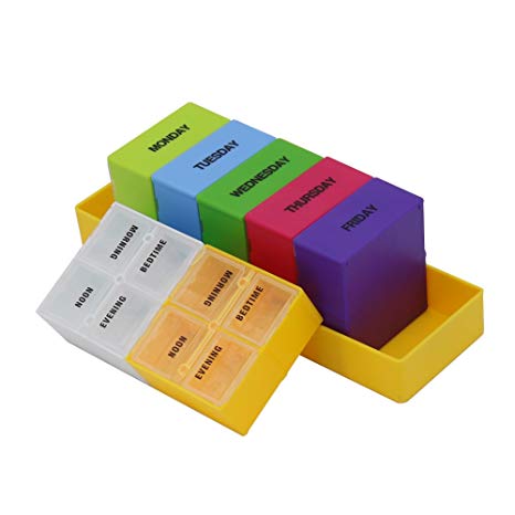 HRX Package Weekly Colorful Pill Tray Organizer,7 Day Large Pill Box Dispenser with 4 Compartments,AM/PM Pop-Out Pill Planner