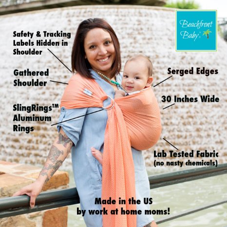 Beachfront Baby Sling - The Original Water & Warm Weather Adjustable Ring Sling Baby Carrier | Made in USA with Safety Tested Fabric & Aluminum Rings | Lightweight, Quick Dry & Breathable (One Size, Coral Sea)