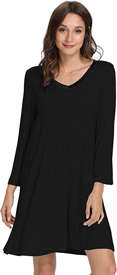WiWi Soft Bamboo Long Sleeve Nightgowns for Women V Neck Sleep Shirt S-XXXXL(4XL)