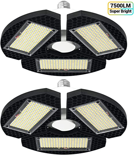 2 Pack LED Garage Lights, Super Bright 7500LM 60W LED Garage Lighting with 3 Adjustable Panels, 6000K Trilight Garage Ceiling Light, LED Garage Light Bulb for Garage, Basement, No Motion