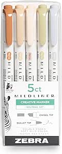 Zebra Pen Mildliner Double Ended Highlighter, Broad and Fine Point Tips, Assorted Neutral Vintage Ink Colors, 5-Pack, (78605)