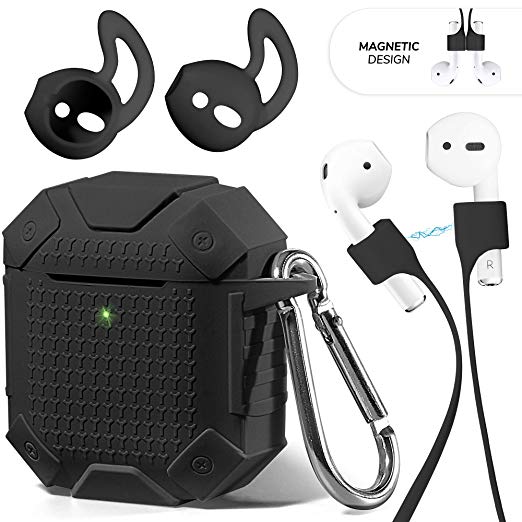 AirPods Case Accessories Kit [Front LED Visible], GMYLE Silicone Heavy Duty Armor Protective Shockproof Airpod Cover Skin with Keychain, Ear Hook, Magnetic Strap for Apple AirPod 1 & 2 – Black