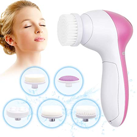 Facial Cleansing Brush, Foreverrise 5 in 1 Electric Waterproof Facial Cleansing Spin Brush Set for Deep Cleansing, Gentle Exfoliating, Removing Blackhead, Massaging - rose (rose)