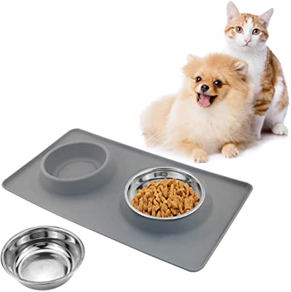 TedGem Dog Bowls Feeding Bowl,Pets Food Mat,Cat Bowl Tray Non Slip feeding double Dog Cat Bowls Raised Bowls for Cats Grey Silicone Dog Cat Bowl