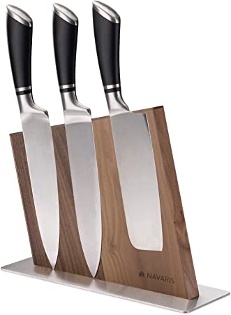 Navaris Wood Magnetic Knife Block - Double Sided Wooden Magnet Holder Board - Storage Stand for Kitchen Knives, Scissors, Metal Utensils - Walnut Wood