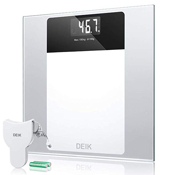 Digital Bathroom Scales with High Precision Sensors and Tempered Glass, Large LCD Backlight Display, Tempered Glass Scale with Free Body Tape Measure, Deik (Elegant White)