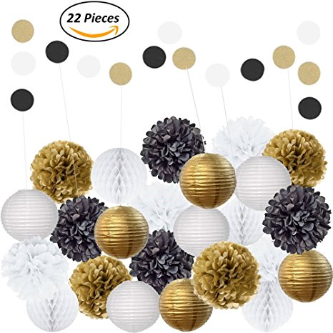 Amazing 22Pcs Mixed Black Gold & White Party Decorations By Epique Occasions: Set of Hanging Tissue Paper Pom Poms, Lanterns & Balls For Birthday Celebrations, Wedding Décor, Table & Wall Decorations