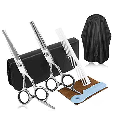 Haircut Shears Set for Baby Kids Pet Safety Round Tip Hairdressing shears Flat/Thinning Scissors Kit with Combs, Cape & Faux Leather Case Suitable for Home Salon