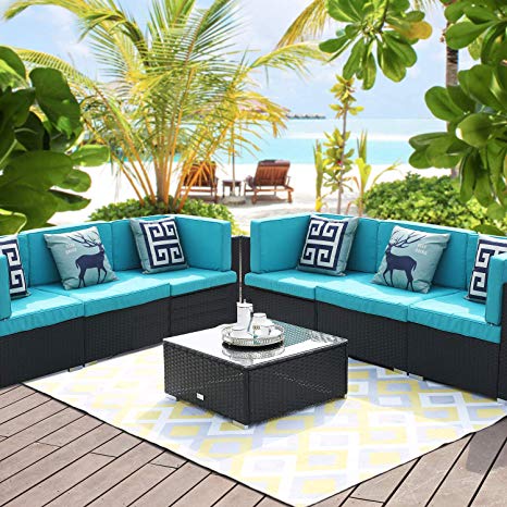 LUCKWIND Patio Conversation Sectional Sofa Chair Table - 7 Piece All-Weather Black Checkered Wicker Rattan Seating Cushion Patio Ottoman Modern Glass Coffee Table Outdoor Accend Pillow 300lbs (Green)