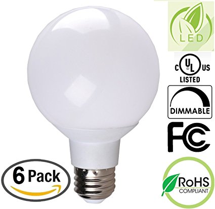 6 Pack Bioluz Dimmable Globe LED G25 40 Watt Replacement (Uses 6 Watts) Warm White (2700K) LED Light Bulb, 450 Lumens UL Listed (Pack of 6)