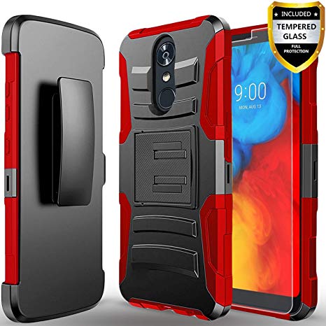 Revvl 2 Case,(T-Mobile) Case, with [Tempered Glass Screen Protector] Heavy Duty Drop Protection [Combo Holster] Rugged Belt Clip Phone Cover with Built-in Kickstand and Stylus Pen-Red