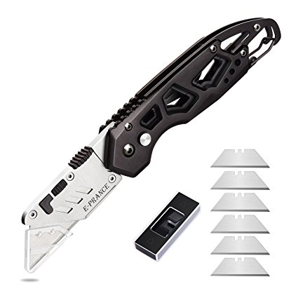 E-PRANCE Folding Pocket Utility Knife - Heavy Duty Box Cutter with 6 Replaceable Blades,Quick Change Blades, Lock-Back Design,Belt Clip,and Lightweight Aluminum Body