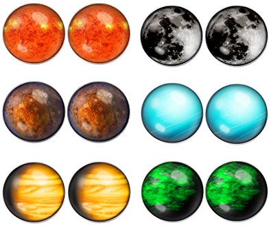 LilMents 6 Pairs Solar System Galaxy Universe Unisex Mens Womens Stainless Steel Stud Earrings