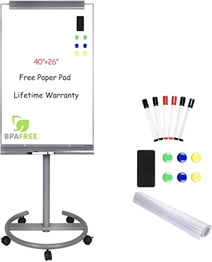 Magnetic Mobile Standing Whiteboard - 40 x 26 Inches Dry Erase White Board Tripod Whiteboard with Rolling Stand Flipchart Easel Height Adjustable by TSJ Office