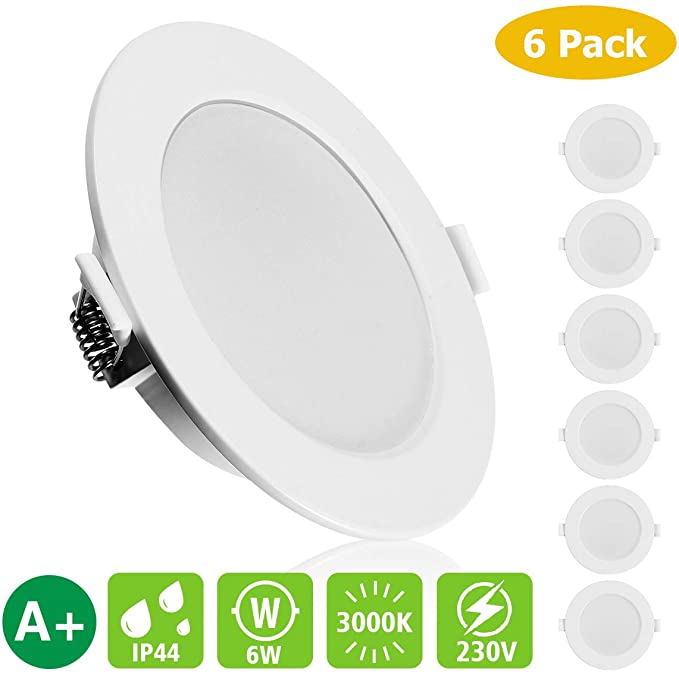 KINGSO 6 Pack LED Recessed Ceiling Spotlights Ultra-thin IP44 6W 500lm Cut Φ75-90MM Warm White 3000K 230V Beam Angle 120°Spotlight Downlight Lighting for Bathroom Living Room Kitchen [Energy Class A ]