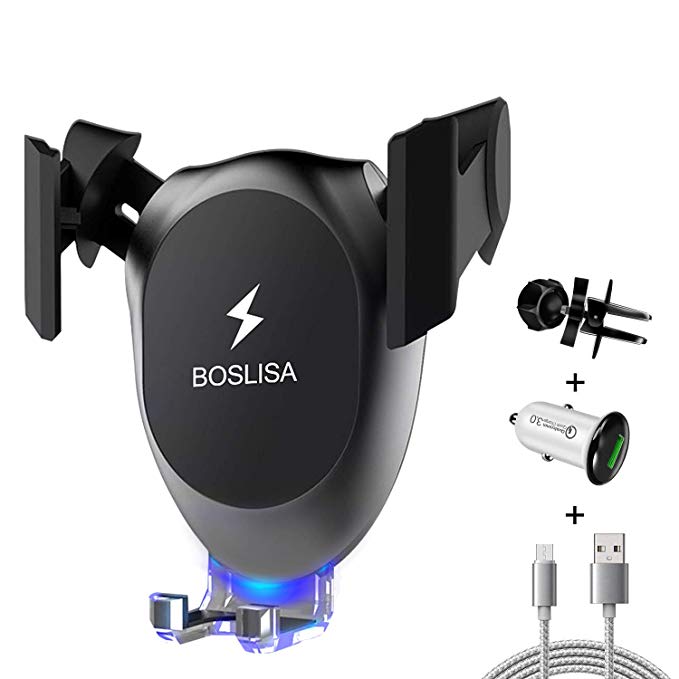 Wireless Car Charger, BOSLISA Car Mount Adjustable Gravity Air Vent Phone Holder QC3.0 Fast Charging for iPhone Samsung and More Qi Phones