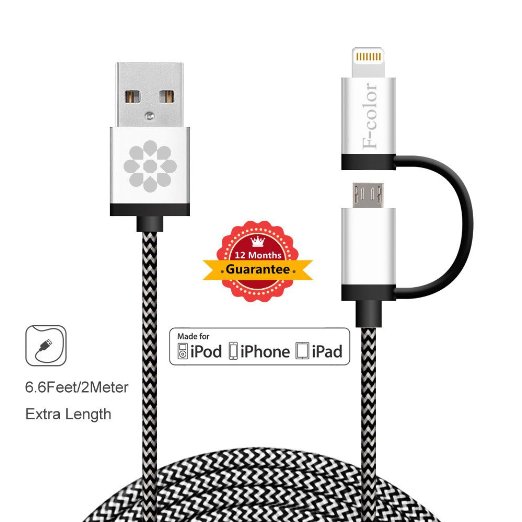 iPhone 5 Charger8 Pin and Micro USB Connector Cable F-color8482 6ft Braided 2-in-1 Lightning Cable for iPhone 6s 6s Plus 6 6 Plus 5 5s 5c iPad Pro iPad Mini 4 iPad Air 2 iPod 5 Sumsung HTC Motorola Nokia Silver