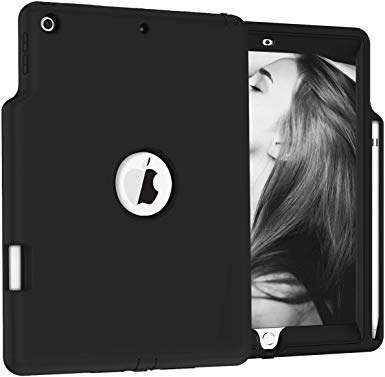 Hocase iPad 10.2 (7th Generation) 2019 Case, Heavy Duty Soft Shock Absorbing Silicone Rubber Bumper Hard Plastic Dual Layer Protective Case with Pencil Holder for iPad A2197, A2198, A2200 - Black