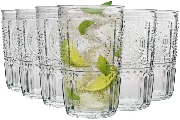 Bormioli Rocco Romantic Set Of 6 Cooler Glasses, 16 Oz. Clear Crystal Glass, Made In Italy.