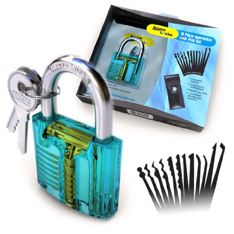 Unlocking Lock Pick Set By Azure LocksComplete 19-Piece Practice Padlock Set With Keys- Transparent Lock Trainer - Plus Free Lock Picking Guide and Carrying Case -Suitable For Beginners and Professionals