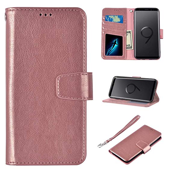 Galaxy S9 Wallet Case, UrSpeedtekLive Premium PU Leather Flip Folio Case Cover w/Card Slots, Cash Pocket, Kickstand, Wrist Strap Compatible with Samsung Galaxy S9 (2018)- Rose Gold