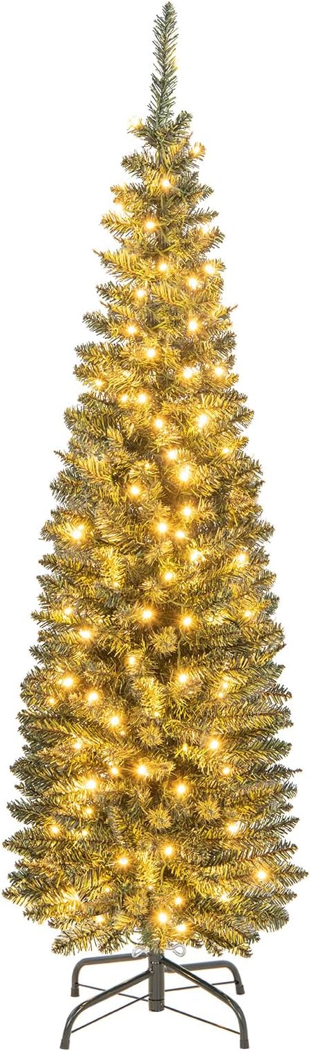 Goplus 5ft Pre-Lit Pencil Christmas Tree, Artificial Slim Xmas Tree with 150 Warm-White LED Lights, 296 Branch Tips, Foldable Metal Stand, for Home Office Indoor Holiday Decor