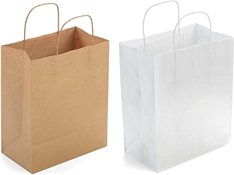 White Kraft Paper Gift Bags with Handles (100 Count) Bundled with Brown Kraft Paper Gift Bags (25 Count)
