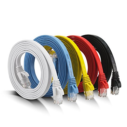 Cat 6 Ethernet Cable 5 ft – Ethernet patch cable with Snagless Rj45 Connectors– Pack of 5 (White/ Black/ Blue/ Red/ Yellow)
