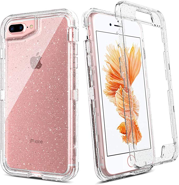 BENTOBEN iPhone 8 Plus Case, iPhone 7 Plus Case, iPhone 6s Plus Case, iPhone 6 Plus Case, Transparent Clear Heavy Duty Rugged Full Body Shockproof Protective Phone Cover, Silver Glitter Crystal Clear