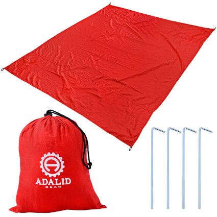 Beach Blanket with Accessories: Nylon Tote Pouch & 4 Stakes / Pegs - Also Used as Outdoor Camping Gear, Oversized Mat, Shade Tarp and Picnic Throw